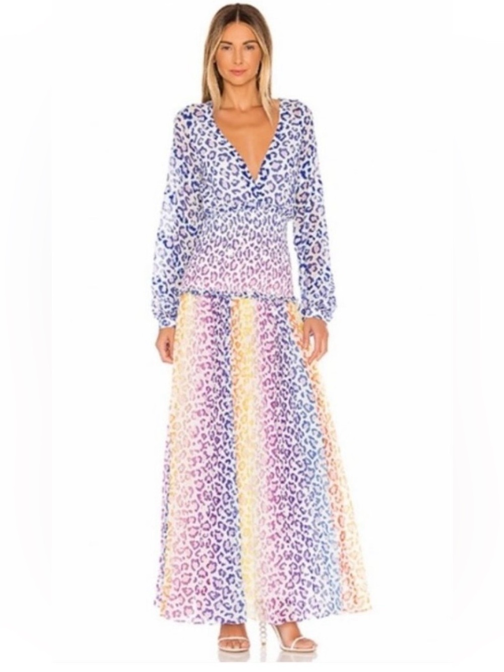 Rococo Sand Avana Maxi Dress Multicolor Sequin Animal Print Smocked Size XS